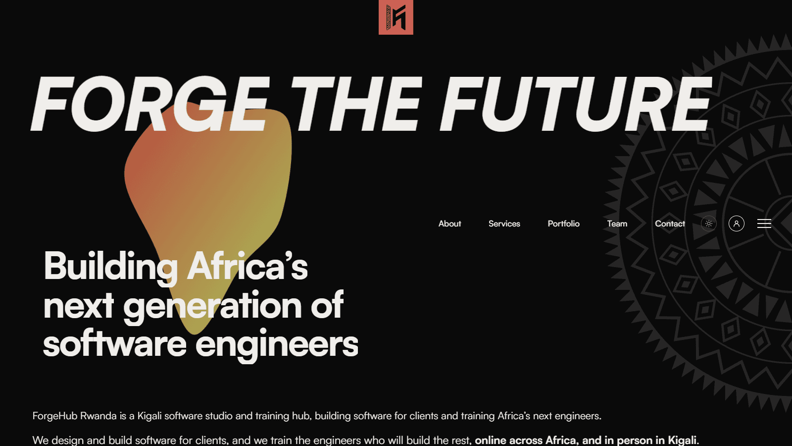 The ForgeHub Rwanda homepage: “Forge the future” set large across a dark page, over the headline “Building Africa’s next generation of software engineers”.